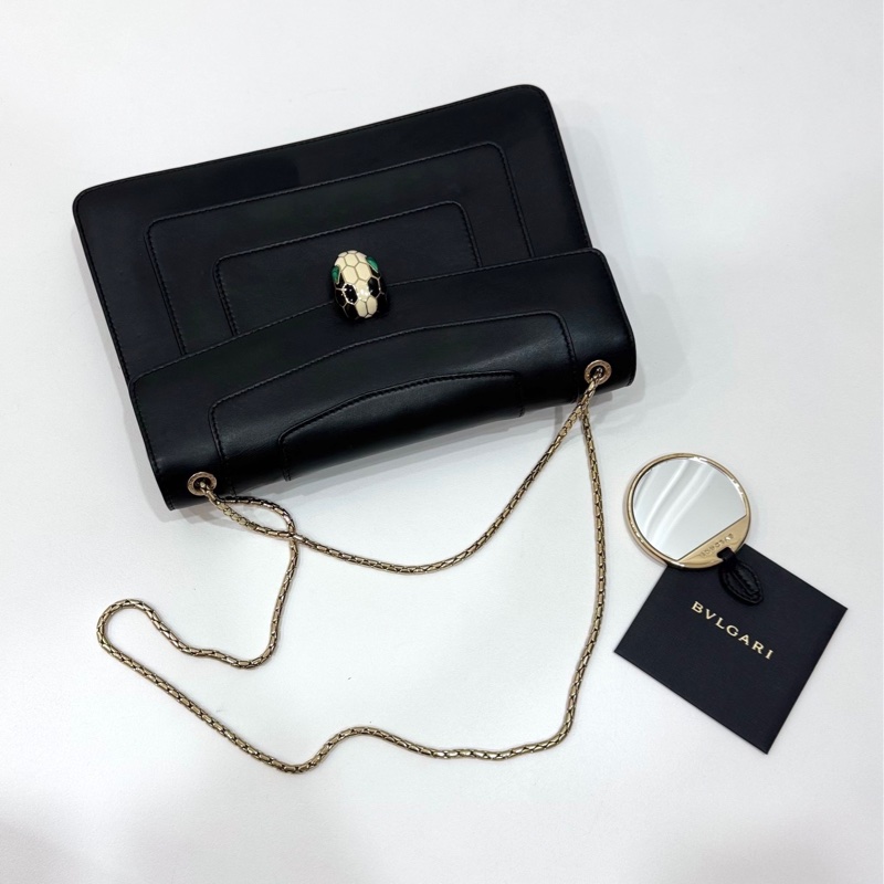 BVLGARI 寶格麗Serpenti Forever 經典 琺瑯 蛇頭 牛皮 黑 鍊條包 斜背包 肩背包 腋下包-0