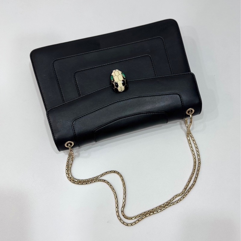 BVLGARI 寶格麗Serpenti Forever 經典 琺瑯 蛇頭 牛皮 黑 鍊條包 斜背包 肩背包 腋下包-1