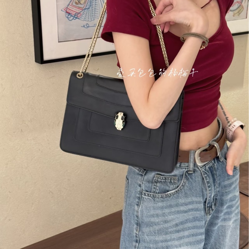 BVLGARI 寶格麗Serpenti Forever 經典 琺瑯 蛇頭 牛皮 黑 鍊條包 斜背包 肩背包 腋下包-8