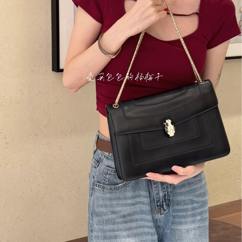 BVLGARI 寶格麗Serpenti Forever 經典 琺瑯 蛇頭 牛皮 黑 鍊條包 斜背包 肩背包 腋下包-9