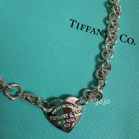 TIFFANY ＆ CO 925純銀 愛心牌 心型 三排刻字款項鍊/雙圈手鍊