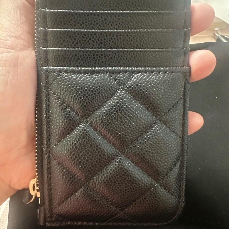 Chanel 香奈兒cf黑金荔枝牛皮卡零錢包 全新品-1