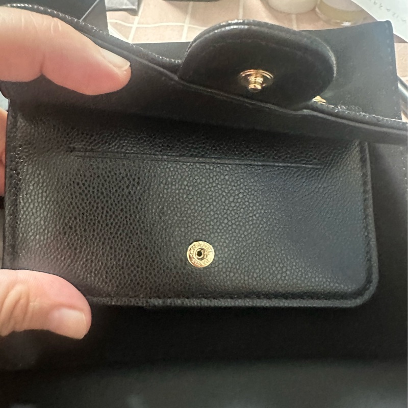 Chanel 香奈兒cf黑金荔枝牛皮卡零錢包 全新品-3