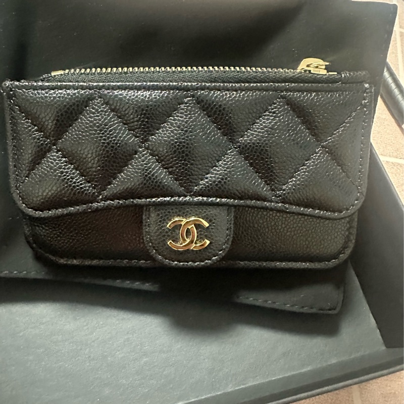 Chanel 香奈兒cf黑金荔枝牛皮卡零錢包 全新品-5
