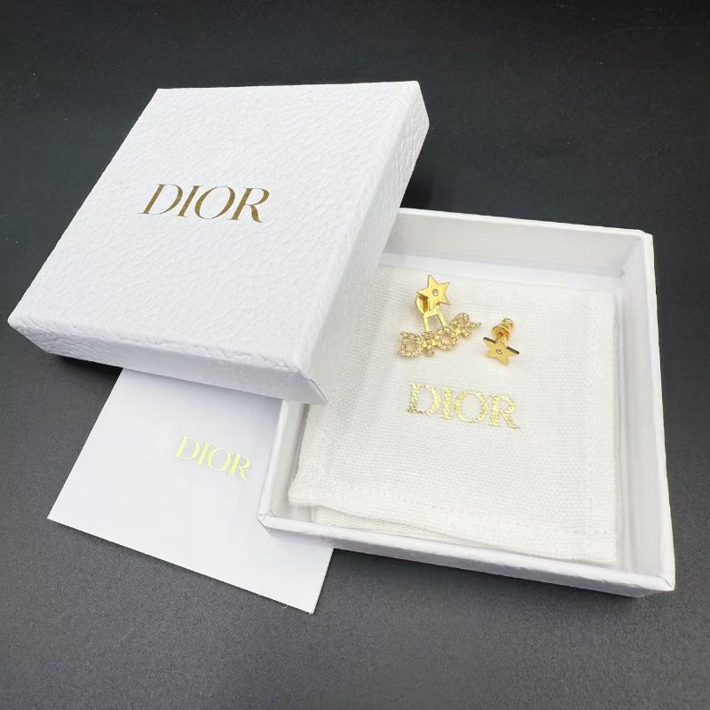 Dior 耳環 星星字母水鑽耳釘 金色 不對稱設計-0