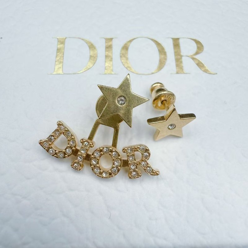 Dior 耳環 星星字母水鑽耳釘 金色 不對稱設計-1