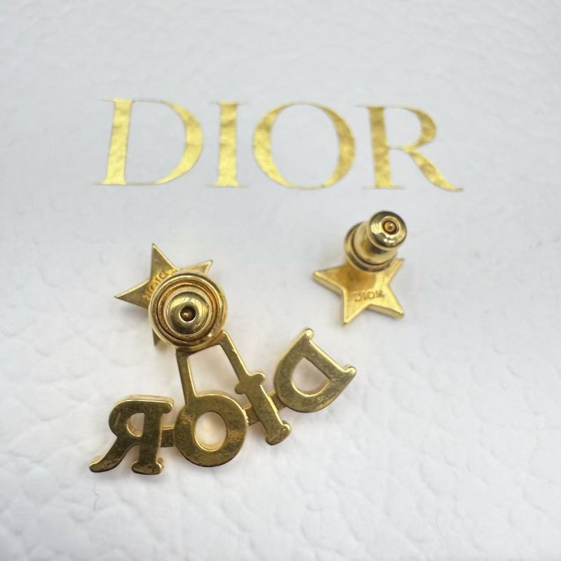 Dior 耳環 星星字母水鑽耳釘 金色 不對稱設計-2