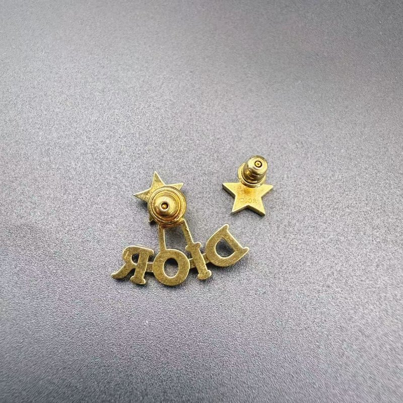 Dior 耳環 星星字母水鑽耳釘 金色 不對稱設計-3