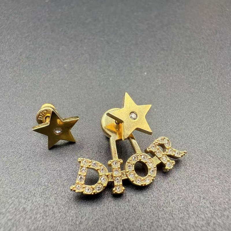 Dior 耳環 星星字母水鑽耳釘 金色 不對稱設計-4