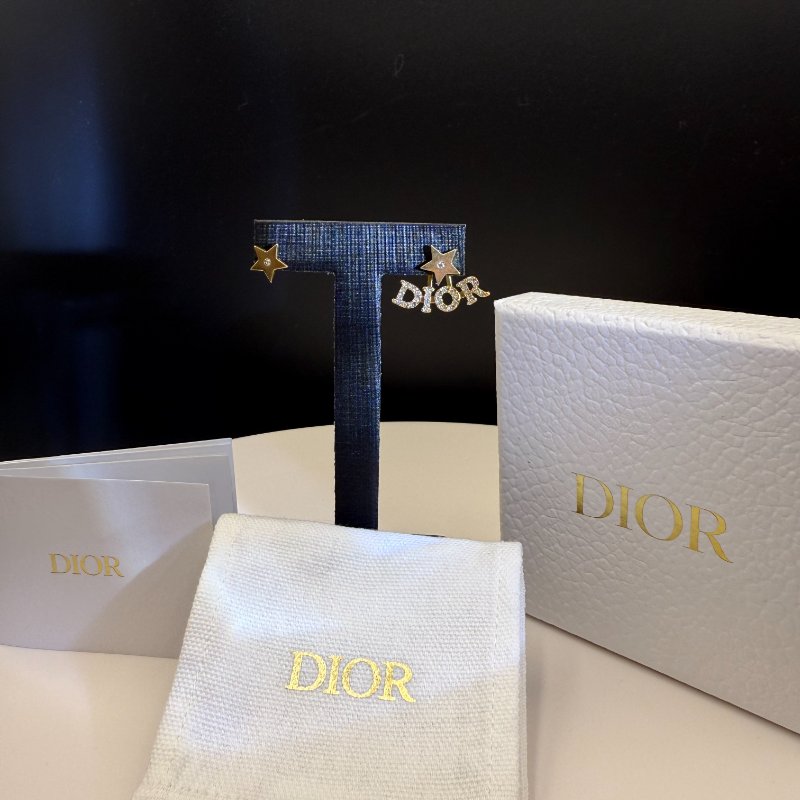 Dior 耳環 星星字母水鑽耳釘 金色 不對稱設計-5