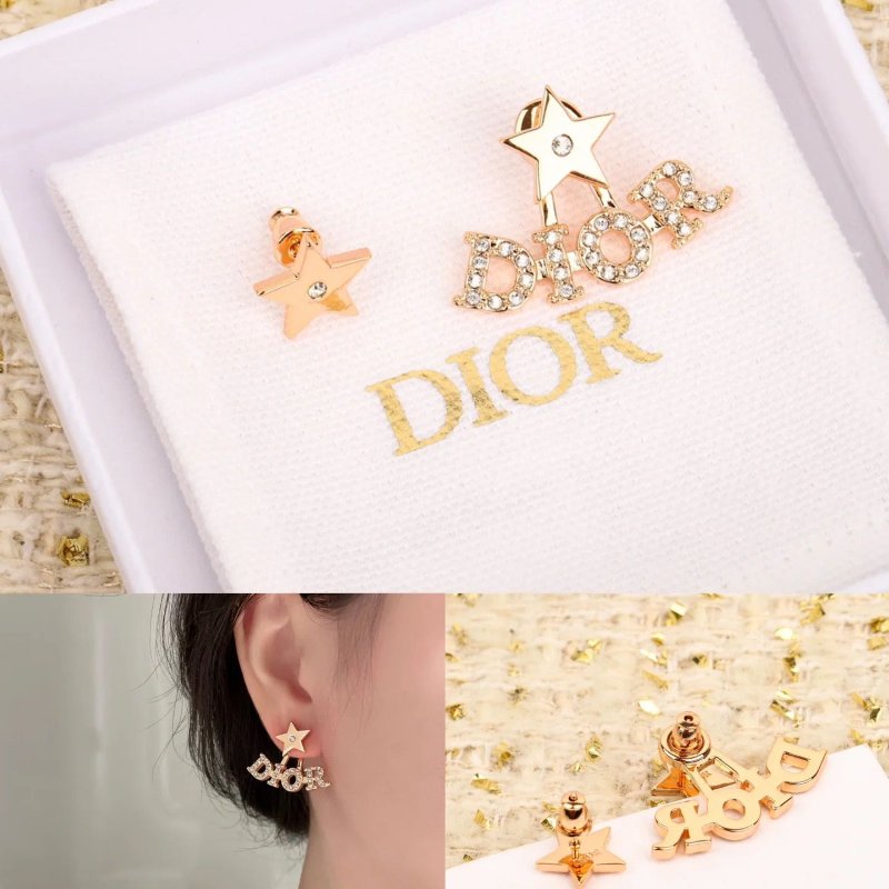 Dior 耳環 星星字母水鑽耳釘 金色 不對稱設計-9