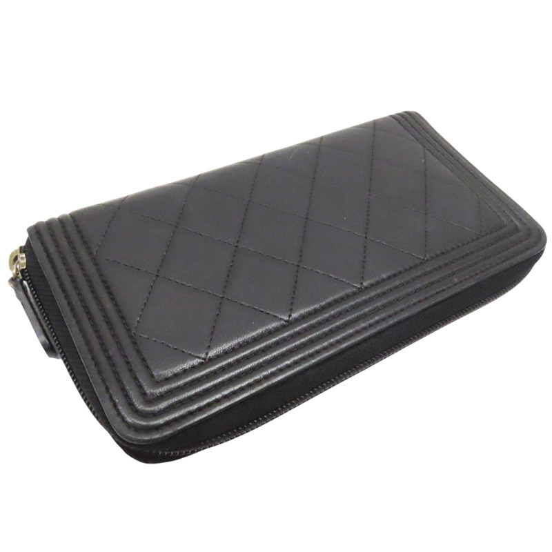 黑色 羊皮 BOY拉鍊長夾 金扣 (無卡)-3