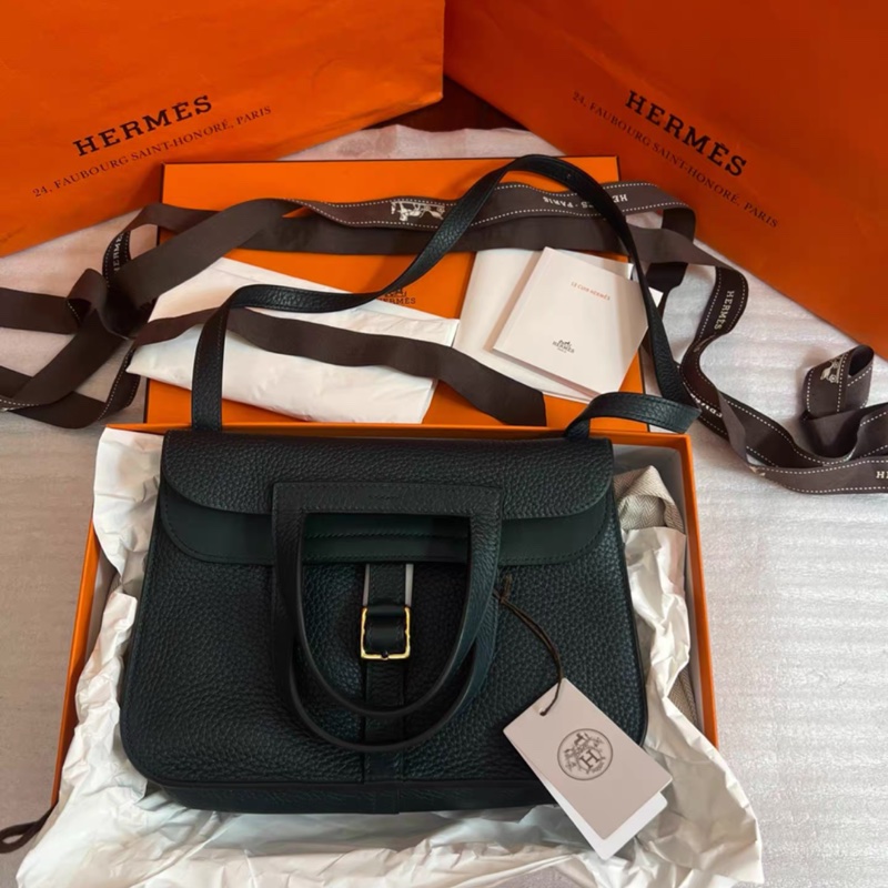 hermes 爱马仕halzan 25 tc皮松柏绿金扣Z刻 尺寸25-18-7 附件盒子 防尘袋吊牌-0