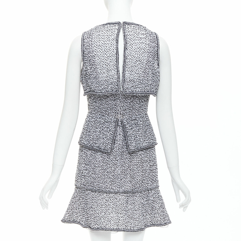 CHANEL 2015 Runway grey cotton tweed CC button ruffle dress FR36 S-4
