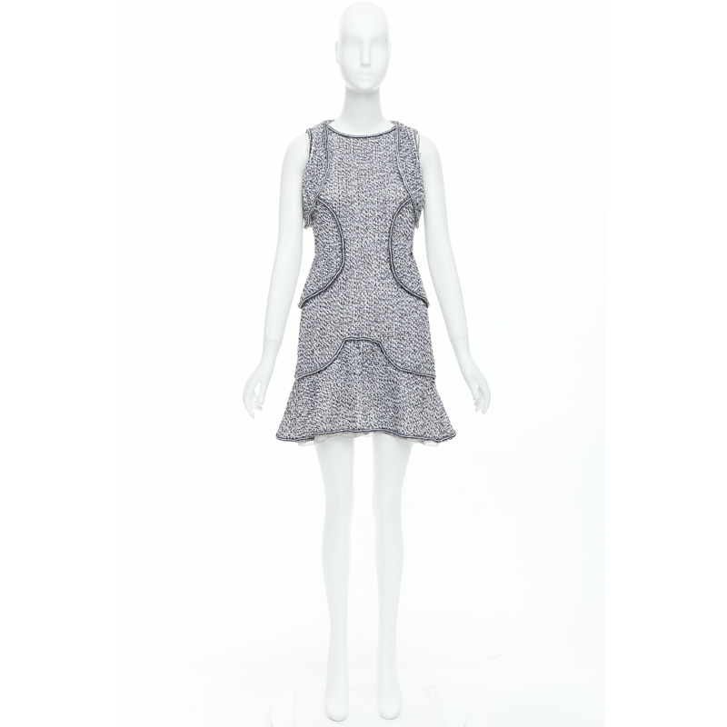 CHANEL 2015 Runway grey cotton tweed CC button ruffle dress FR36 S-8