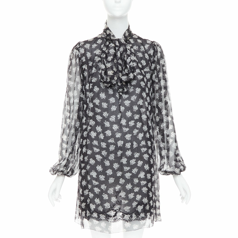 DOLCE GABBANA 100% silk black white floral sheer tie dress IT40 S-0