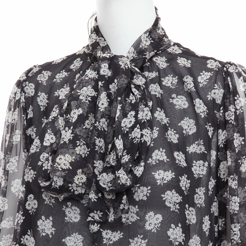 DOLCE GABBANA 100% silk black white floral sheer tie dress IT40 S-1