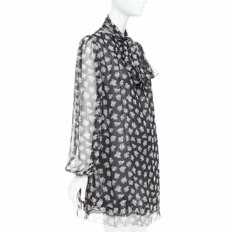 DOLCE GABBANA 100% silk black white floral sheer tie dress IT40 S-2