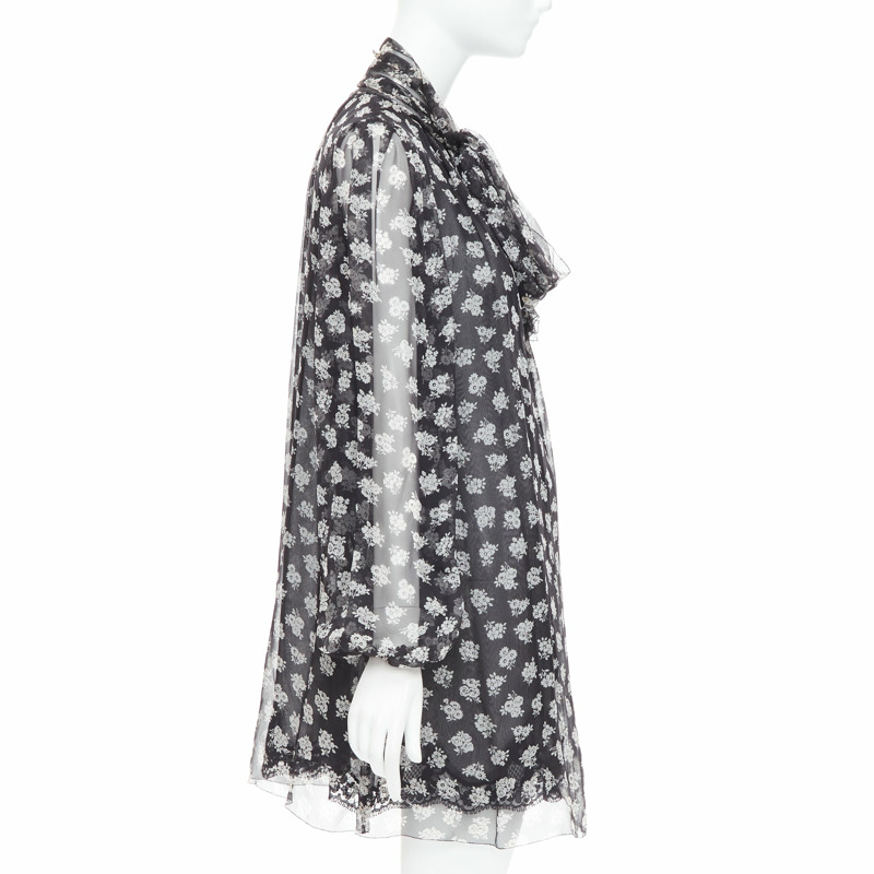 DOLCE GABBANA 100% silk black white floral sheer tie dress IT40 S-3