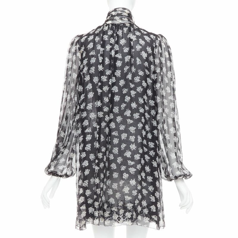 DOLCE GABBANA 100% silk black white floral sheer tie dress IT40 S-4