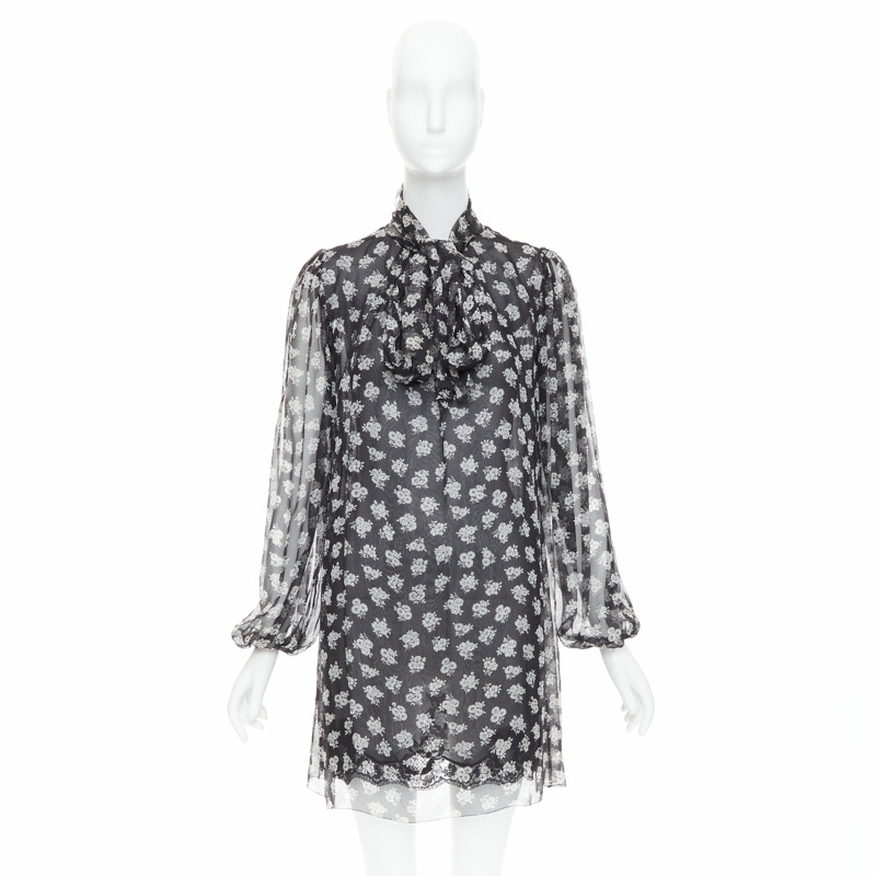 DOLCE GABBANA 100% silk black white floral sheer tie dress IT40 S-8