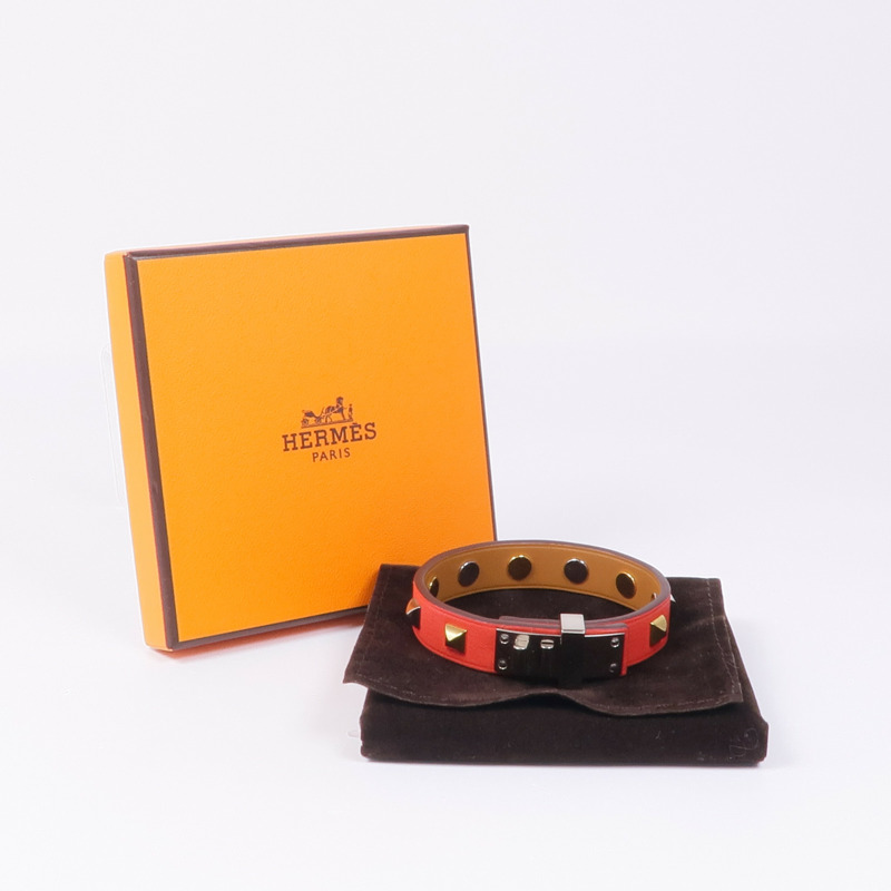 HERMES Epsom皮革Mini Dog Clous Ronds手鏈Red-10