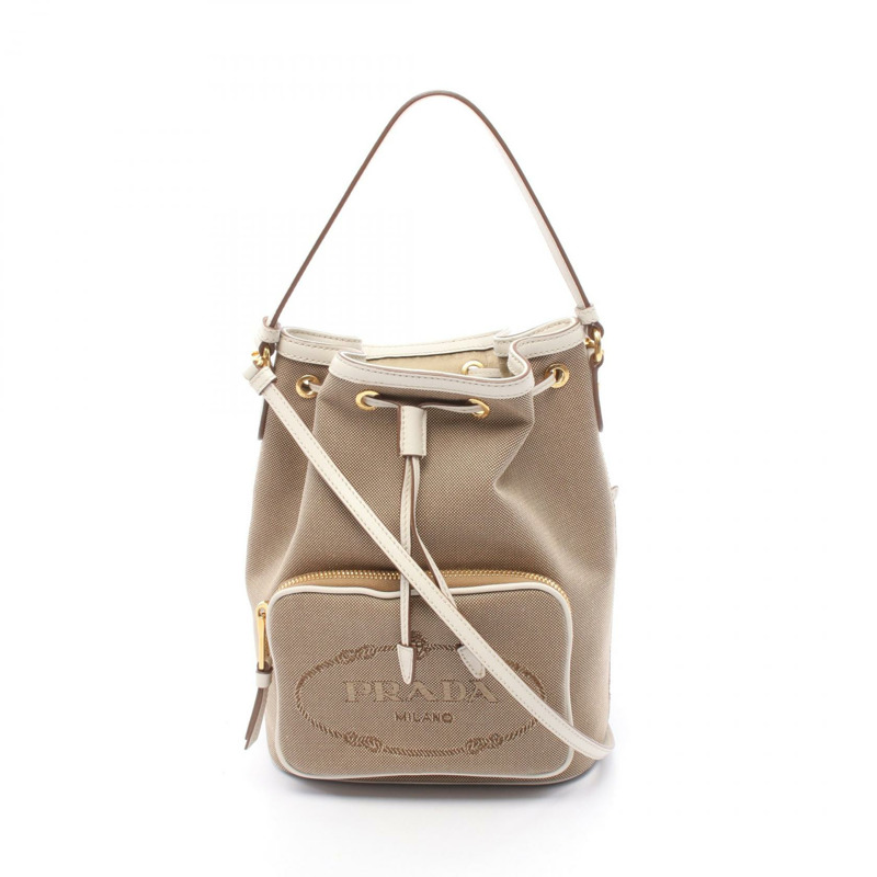 PRADA LOGO JACQUARD 單肩包 1BH038 帆布皮革 米白色 二手-0