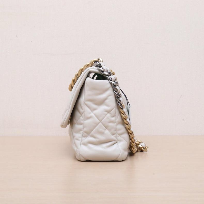 CHANEL(香奈兒) 19BAG 口蓋包 中號 30cm 米白色 30開 金銀扣-1