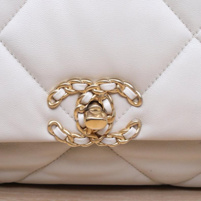 CHANEL(香奈兒) 19BAG 口蓋包 中號 30cm 米白色 30開 金銀扣-5