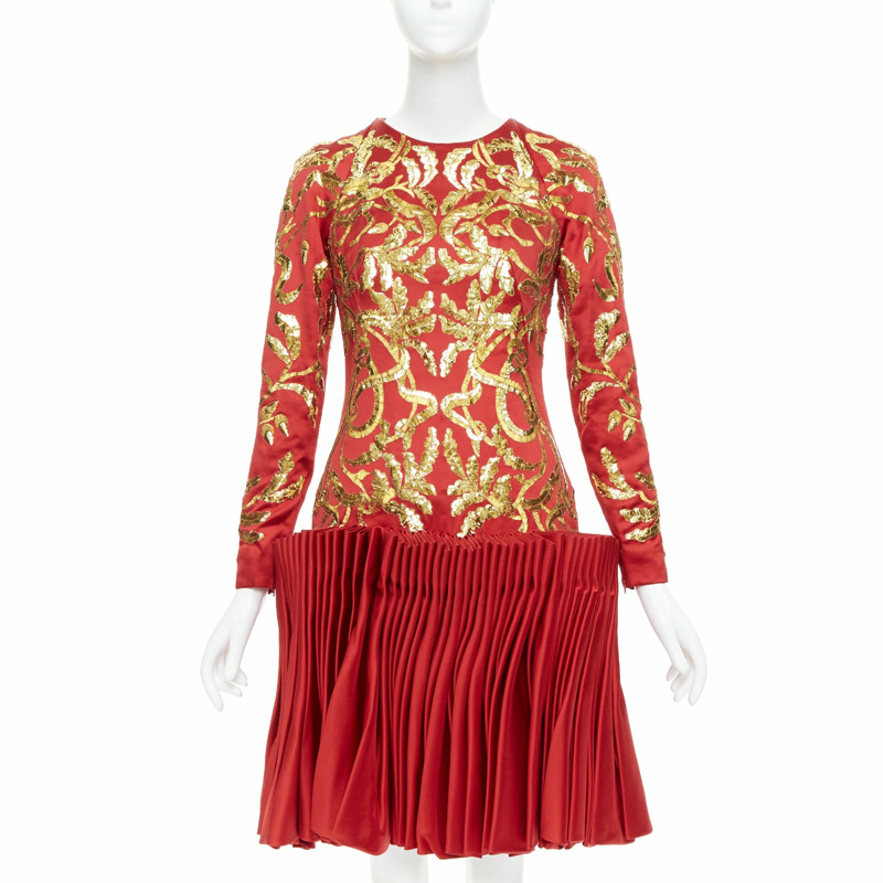 ALEXANDER MCQUEEN 2010 Runway Angels Demons red gold sequin pleat dress IT40 S-0