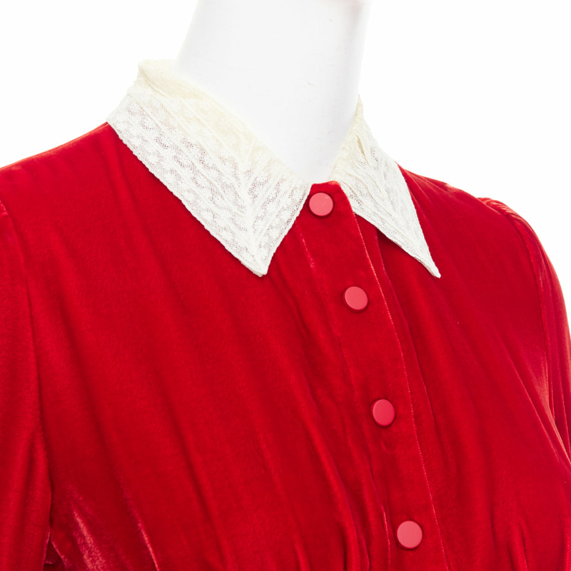 DIOR 2017 Runway red crushed velvet cream lace trim pleated dress FR34 XS-1