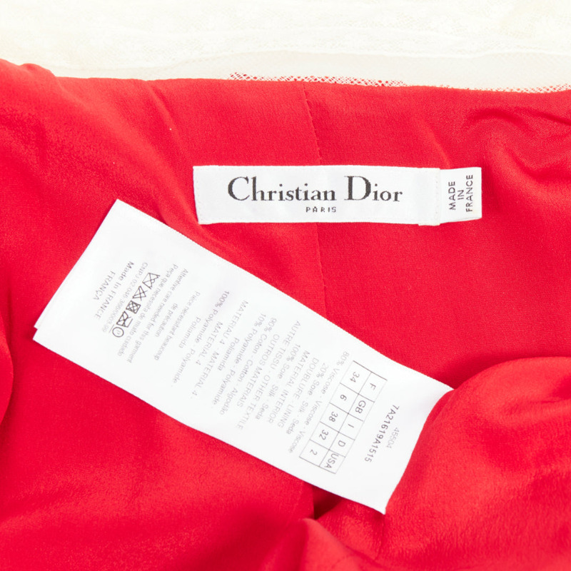 DIOR 2017 Runway red crushed velvet cream lace trim pleated dress FR34 XS-7