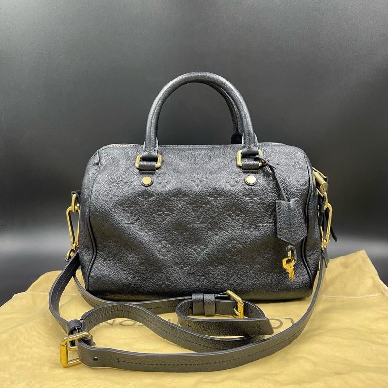 Louis Vuitton • 經典老花皮革壓紋 Speedy 25 藍黑色 附原廠背帶-4