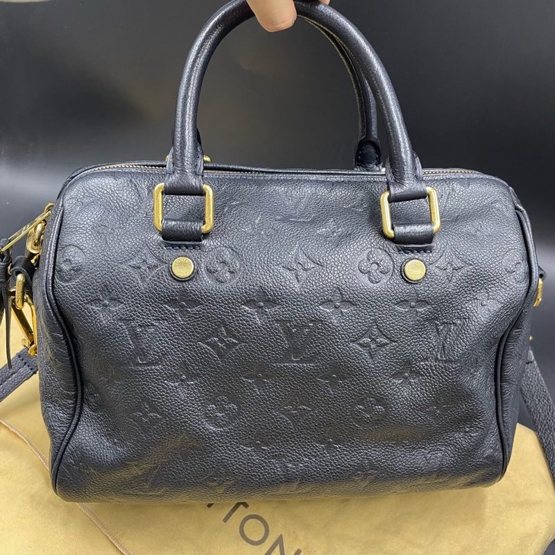 Louis Vuitton • 經典老花皮革壓紋 Speedy 25 藍黑色 附原廠背帶-5