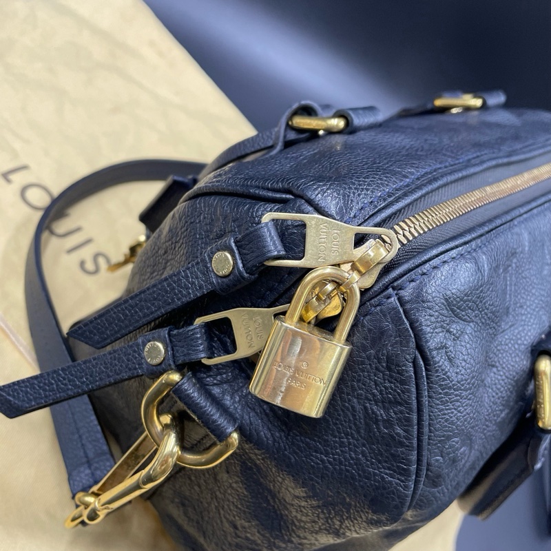 Louis Vuitton • 經典老花皮革壓紋 Speedy 25 藍黑色 附原廠背帶-11