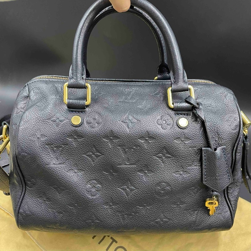Louis Vuitton • 經典老花皮革壓紋 Speedy 25 藍黑色 附原廠背帶-14
