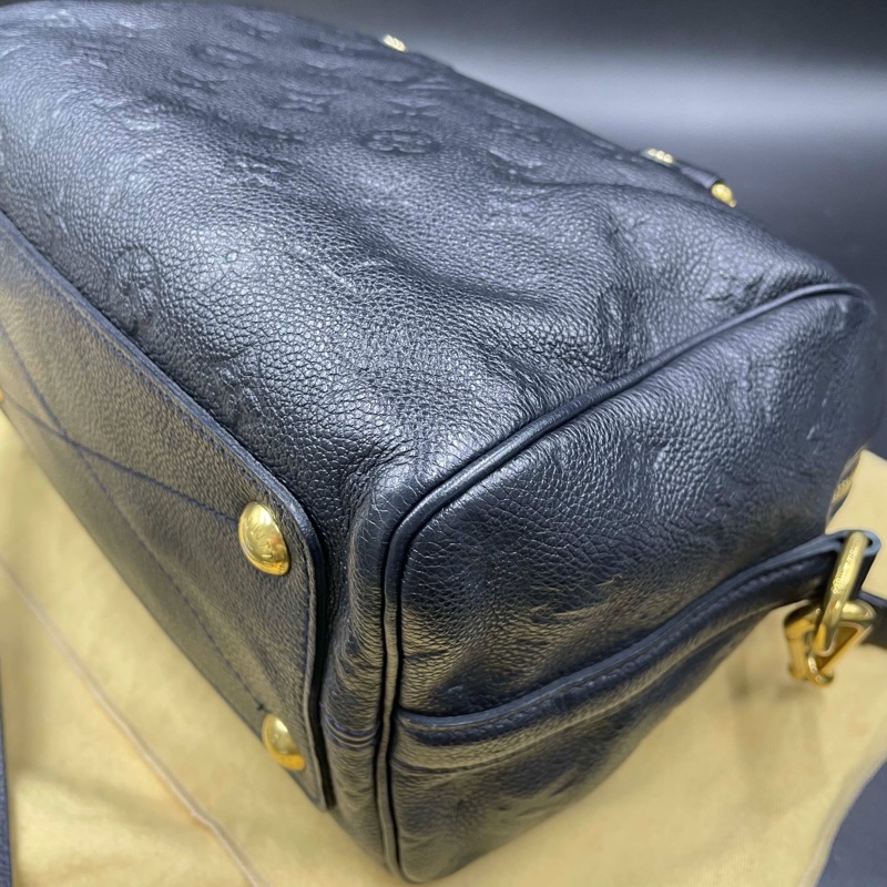 Louis Vuitton • 經典老花皮革壓紋 Speedy 25 藍黑色 附原廠背帶-18