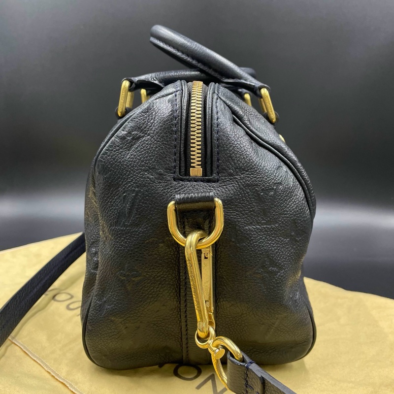 Louis Vuitton • 經典老花皮革壓紋 Speedy 25 藍黑色 附原廠背帶-21