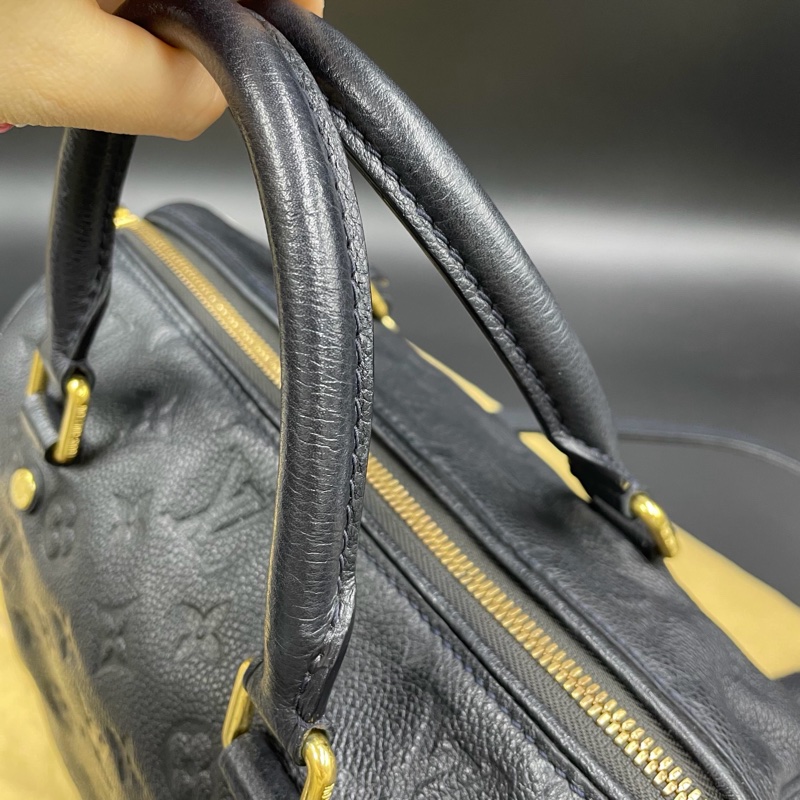 Louis Vuitton • 經典老花皮革壓紋 Speedy 25 藍黑色 附原廠背帶-22