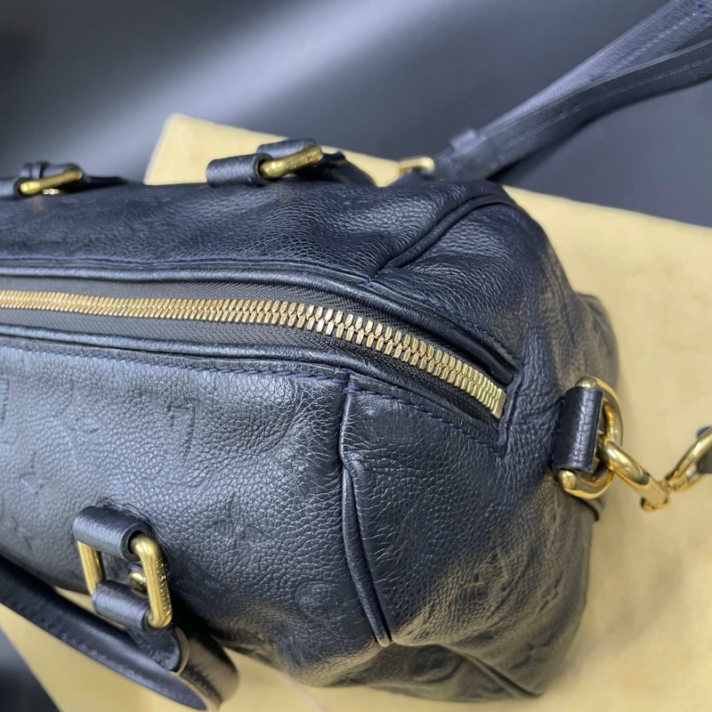 Louis Vuitton • 經典老花皮革壓紋 Speedy 25 藍黑色 附原廠背帶-24