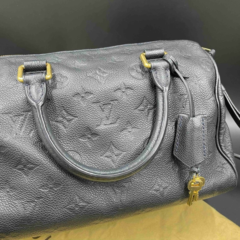 Louis Vuitton • 經典老花皮革壓紋 Speedy 25 藍黑色 附原廠背帶-26