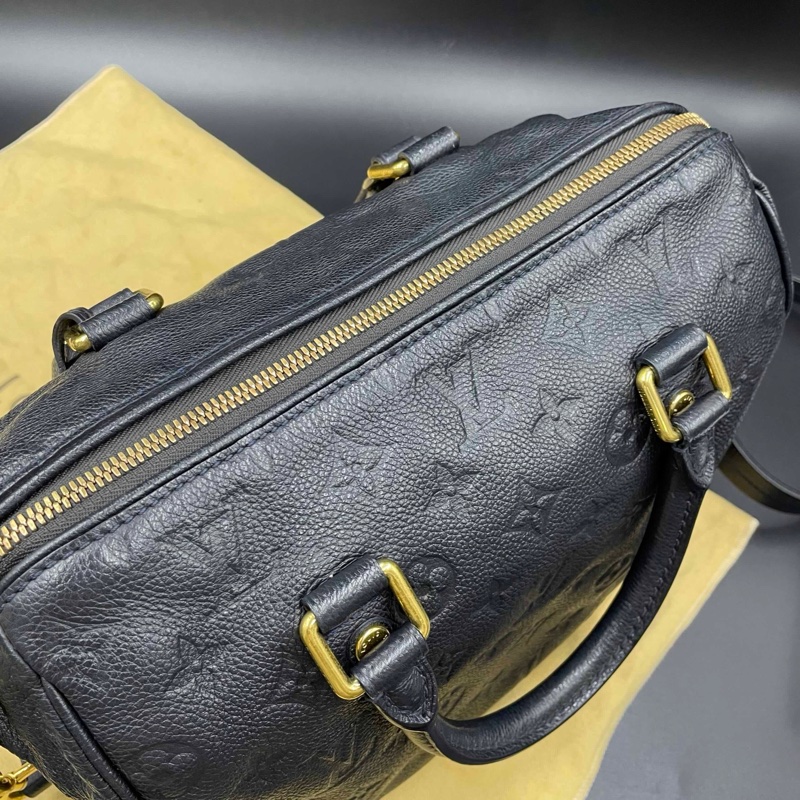 Louis Vuitton • 經典老花皮革壓紋 Speedy 25 藍黑色 附原廠背帶-28