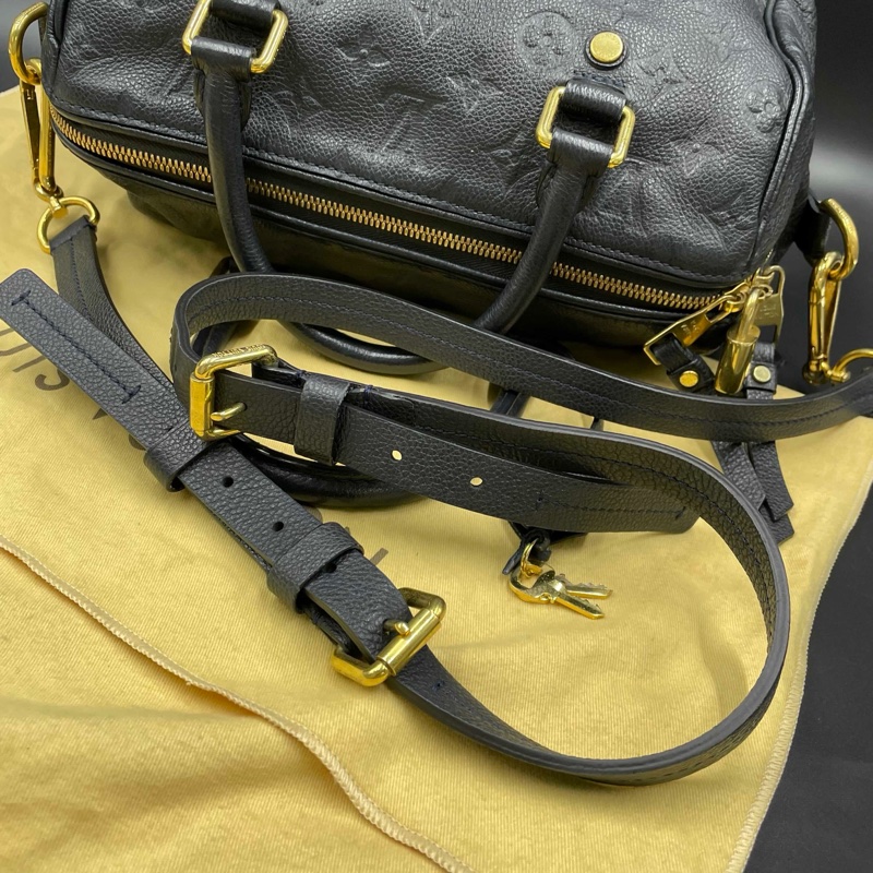 Louis Vuitton • 經典老花皮革壓紋 Speedy 25 藍黑色 附原廠背帶-30