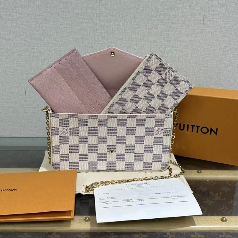 ✨Louis Vuitton 白棋盤格三合一肩背斜背鍊條包 21*12*3 99新 配件塵袋盒子購證-0