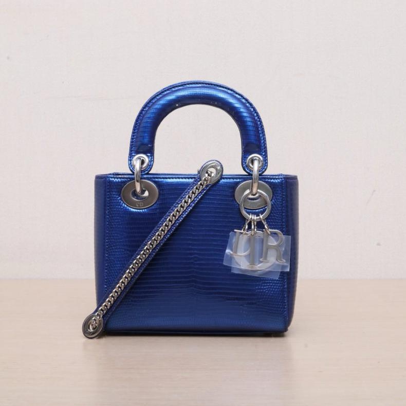 DIOR(迪奧) Lady Dior 戴妃包 三格 藍色 蜥蜴皮 銀扣 2016-0