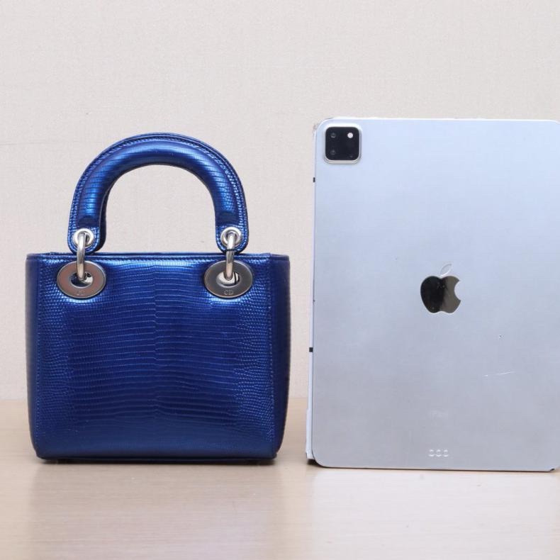 DIOR(迪奧) Lady Dior 戴妃包 三格 藍色 蜥蜴皮 銀扣 2016-2