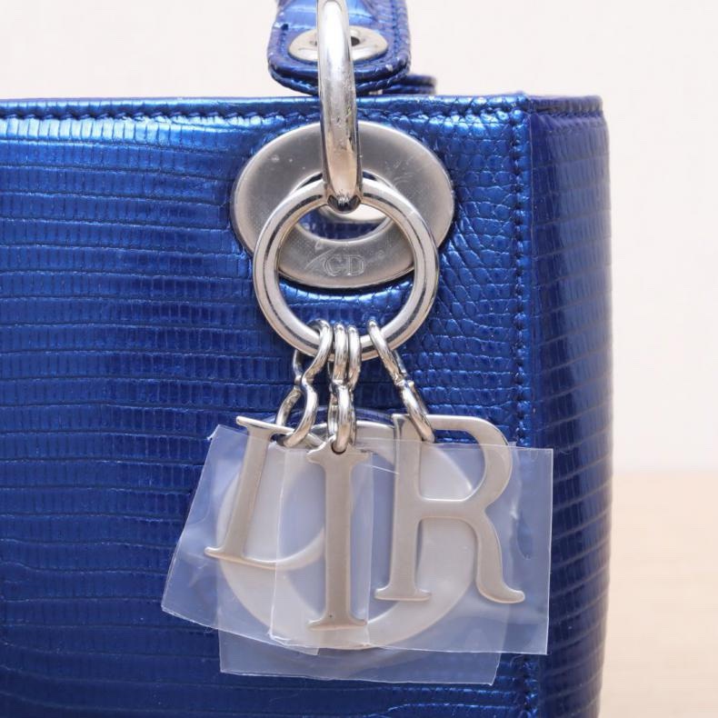 DIOR(迪奧) Lady Dior 戴妃包 三格 藍色 蜥蜴皮 銀扣 2016-5