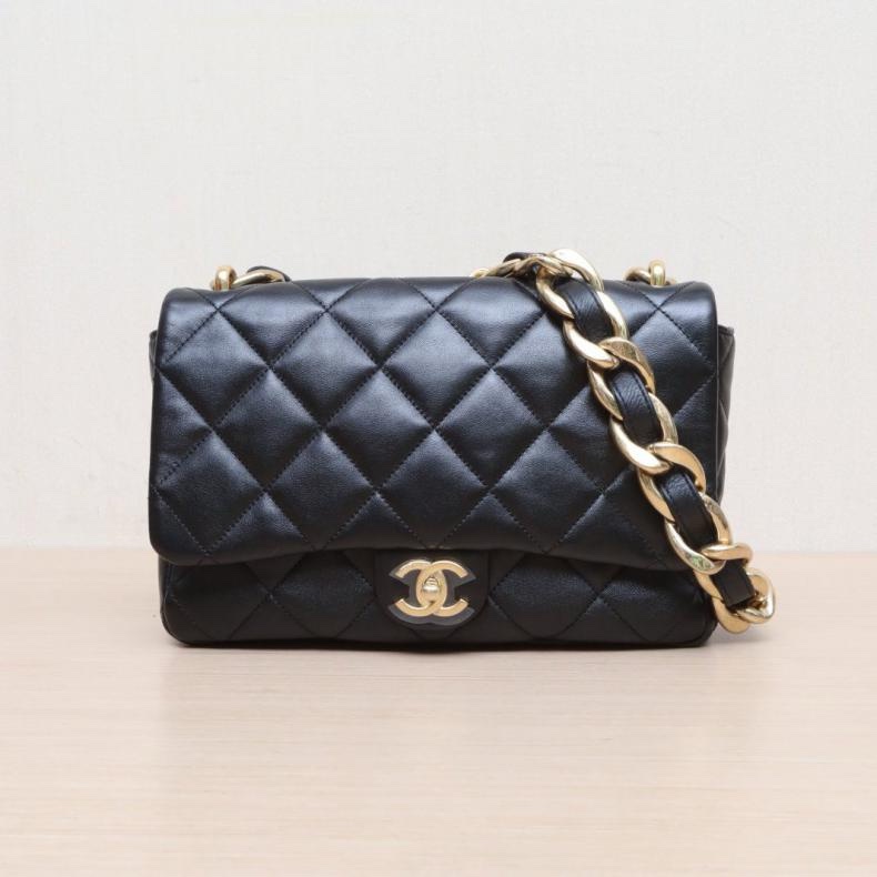 CHANEL(香奈兒) 23P CF 口蓋包 27cm 黑色 晶片開 金扣 粗皮穿鏈肩帶-0