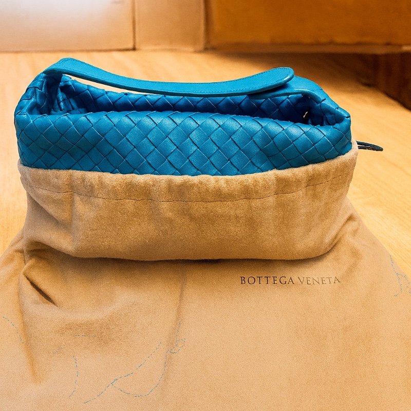Bottega Veneta 寶緹嘉 經典 Intrecciato 編織小羊皮 短提把手提包 24x12x10cm 亮麗藍綠色 (近全新)-2