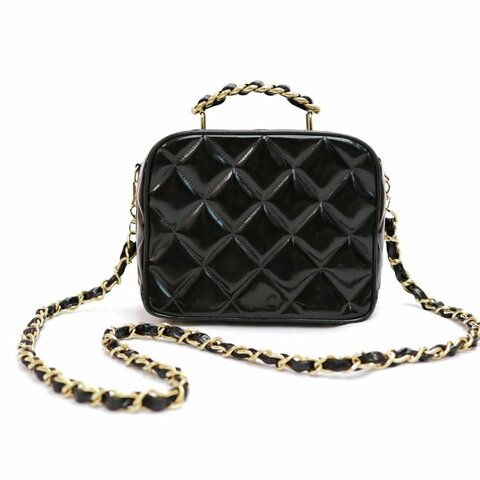 CHANEL Vintage 菱格漆皮皮革 Shoulder Bag 金扣 手挽肩背 兩用袋 黑色